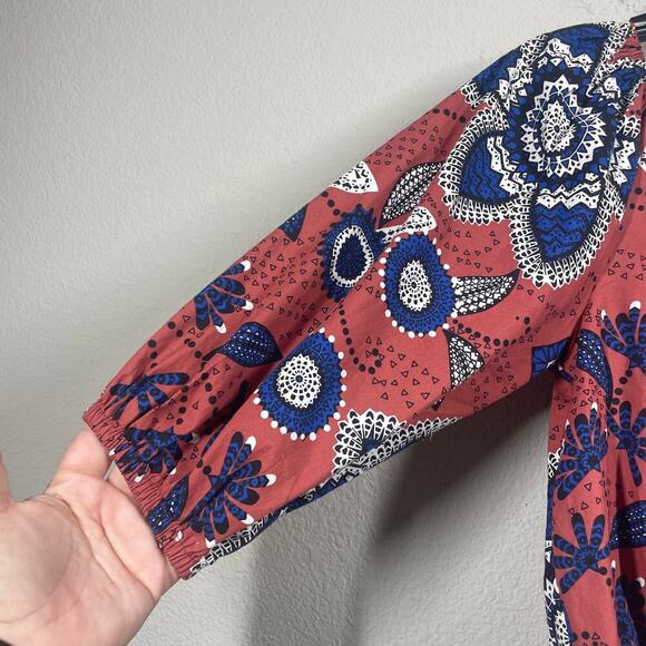 Sundry 1/Small Exploded Floral Top Blouse Rust Blue Toggle 3/4 Sleeves - Picture 6 of 11